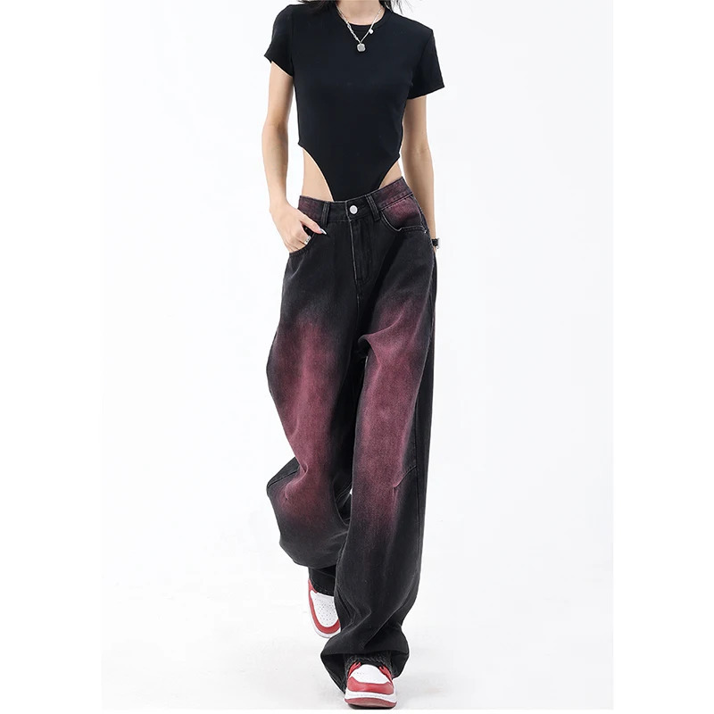 Y2K Vintage Gradient High Waist Black Straight Jeans - High Street Style Women's Wide Leg Denim Trouser