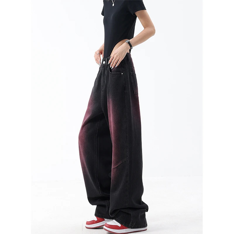 Y2K Vintage Gradient High Waist Black Straight Jeans - High Street Style Women's Wide Leg Denim Trouser