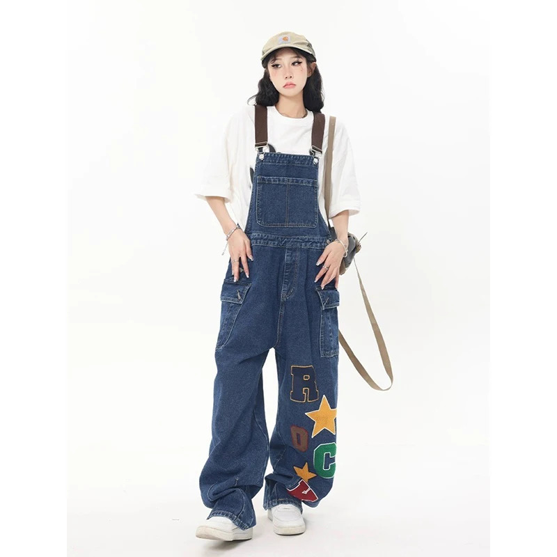 Y2K Vintage Graffiti Suspender Jeans - High Street Retro Denim Trouser