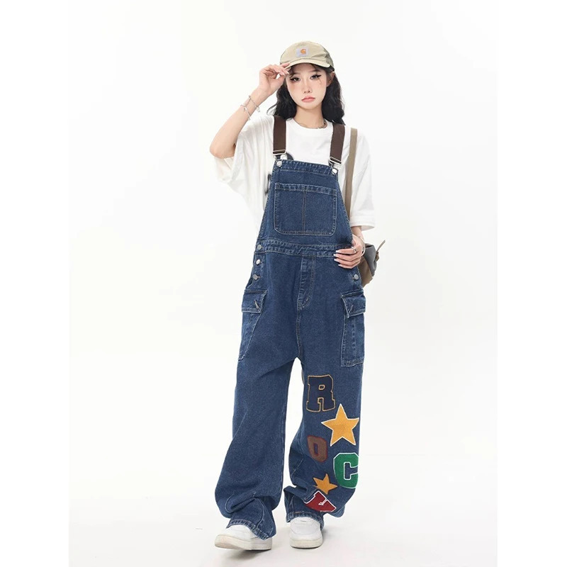 Y2K Vintage Graffiti Suspender Jeans - High Street Retro Denim Trouser