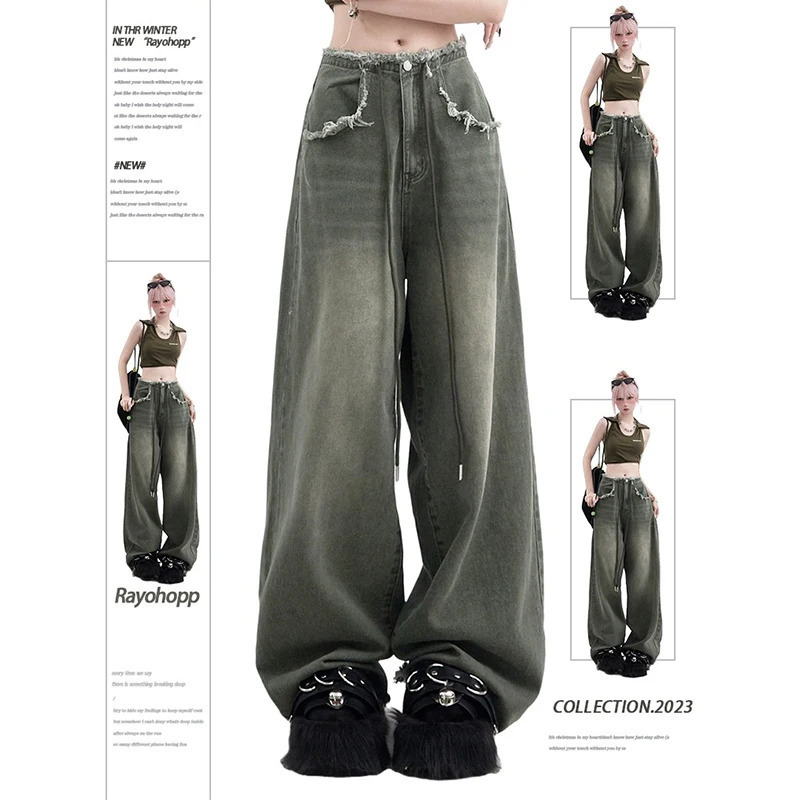 Y2K Vintage Green Drawstring High Waist Wide Leg Jeans - Casual High Street Style Fashion Women's Denim Trousers