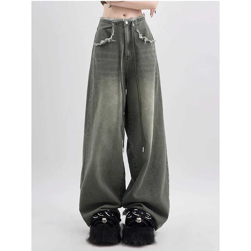 Y2K Vintage Green Drawstring High Waist Wide Leg Jeans - Casual High Street Style Fashion Women's Denim Trousers