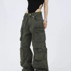 Y2K Vintage Green High Waist Wide Leg Jeans - American Street Style Fashion Hip Hop Retro Trend Women's Pants