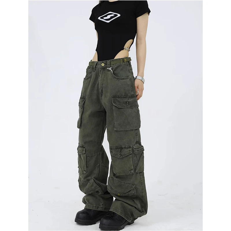 Y2K Vintage Green High Waist Wide Leg Jeans - American Street Style Fashion Hip Hop Retro Trend Women's Pants