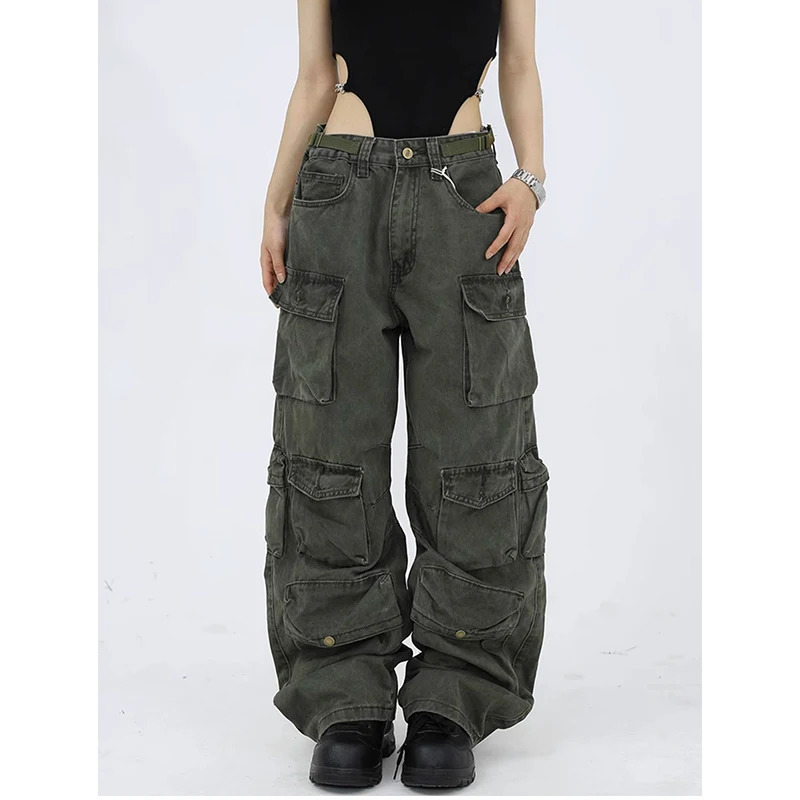 Y2K Vintage Green High Waist Wide Leg Jeans - American Street Style Fashion Hip Hop Retro Trend Women's Pants