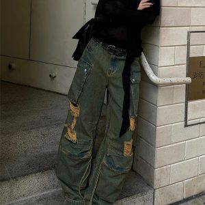 Y2K Vintage Green High Waist Wide Leg Jeans - American Streetwear Fashion