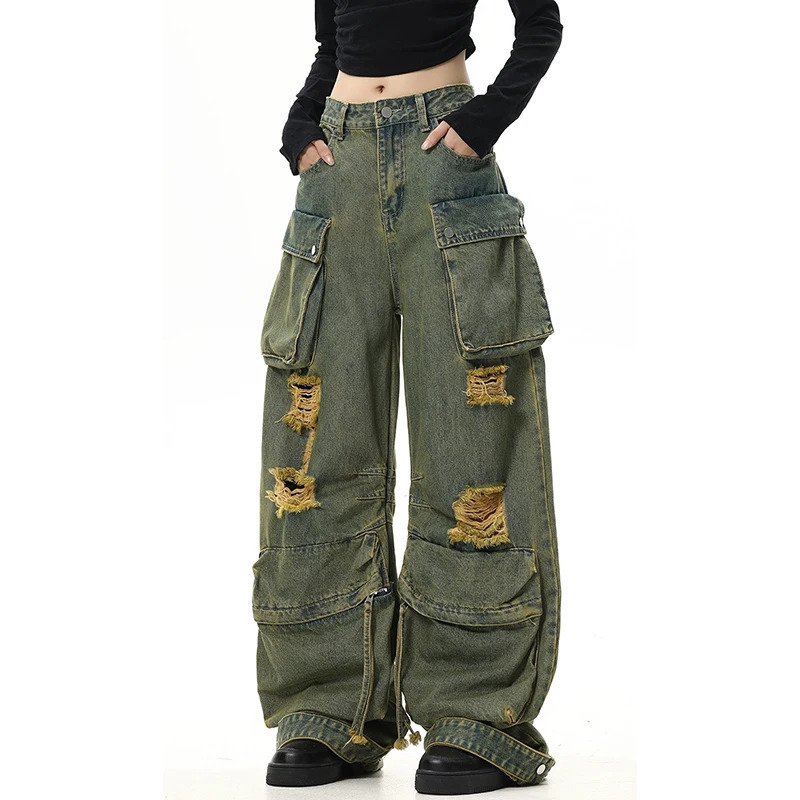 Y2K Vintage Green Jeans - High Waisted American Wide Leg Pants for Women