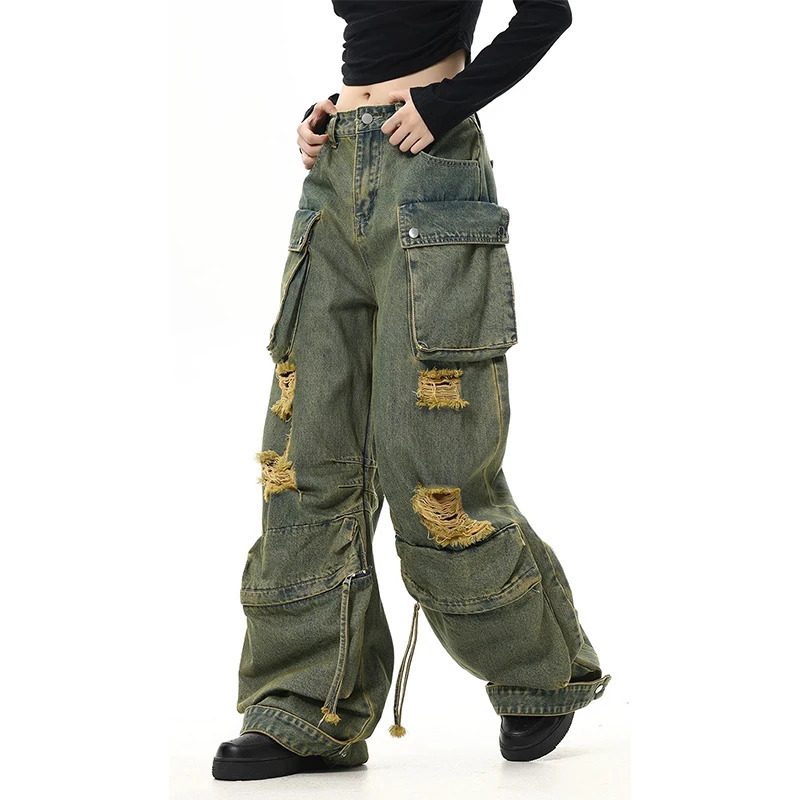 Y2K Vintage Green Jeans - High Waisted American Wide Leg Pants for Women