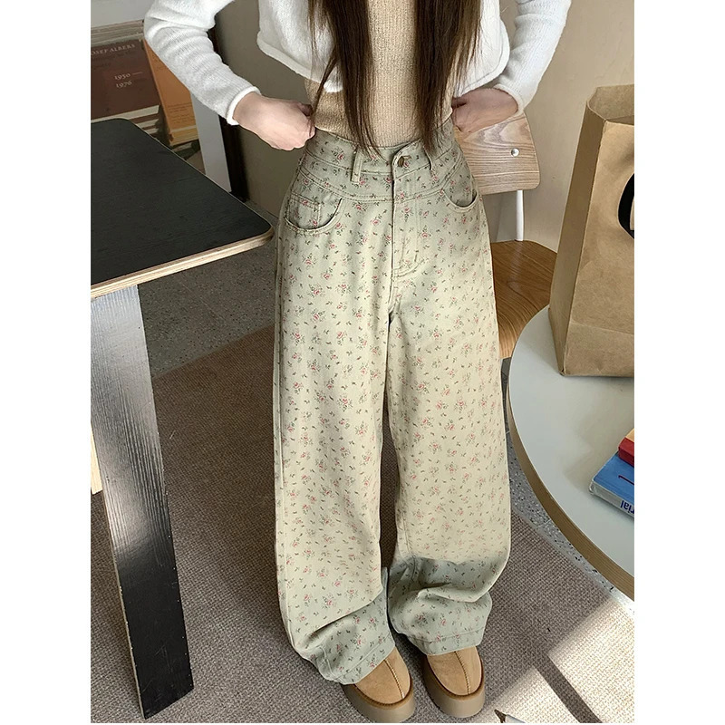 Y2K Vintage Green Women's High Waist Wide Leg Jeans - Chic American Streetwear Fashion