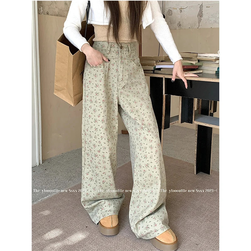 Y2K Vintage Green Women's High Waist Wide Leg Jeans - Chic American Streetwear Fashion