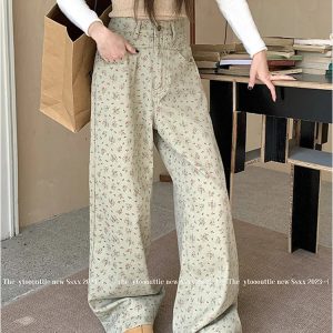 Y2K Vintage Green Women's High Waist Wide Leg Jeans - Chic American Streetwear Fashion