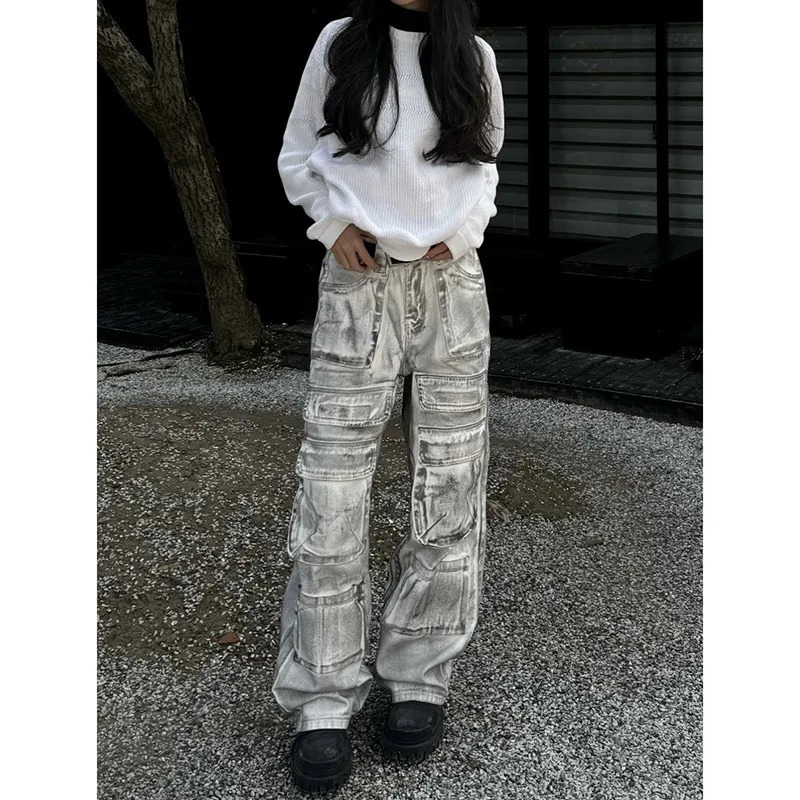 Y2K Vintage Grey Jeans - Low Waist American Street Style Wide Leg Pants with Multiple Pockets