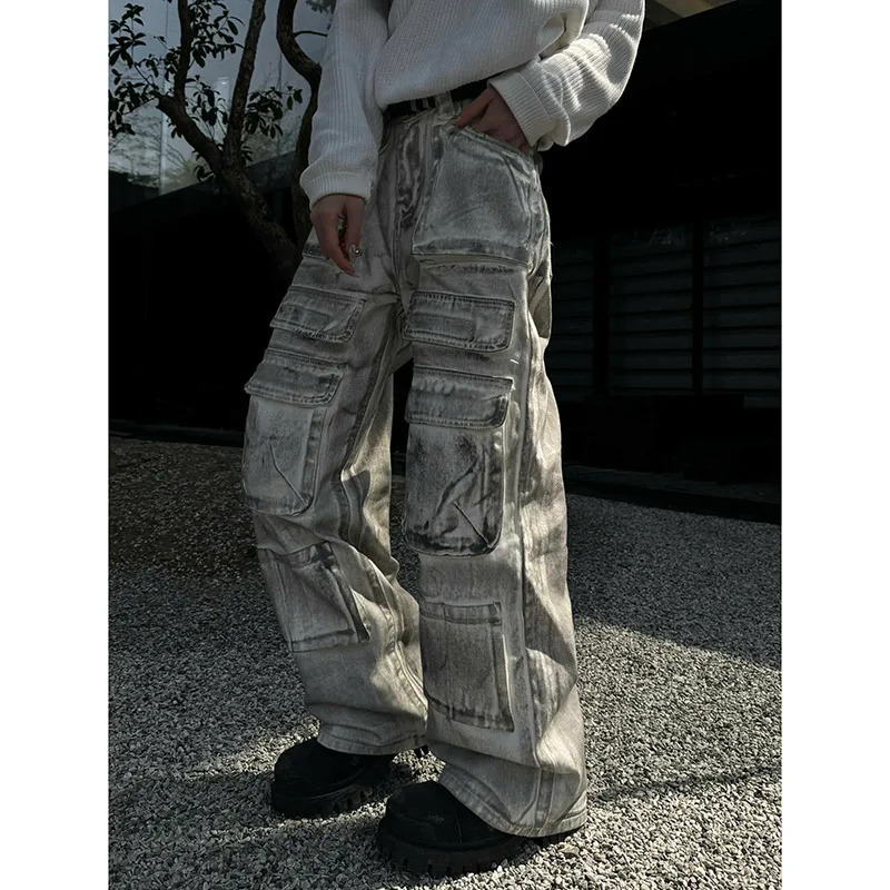 Y2K Vintage Grey Jeans - Low Waist American Street Style Wide Leg Pants with Multiple Pockets