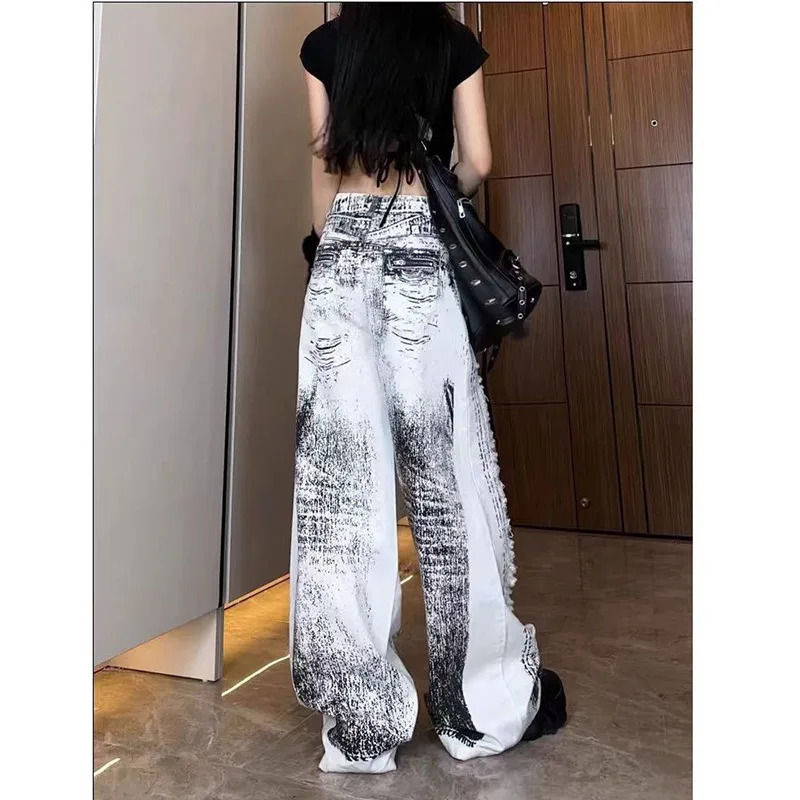 Y2K Vintage Grey Ripped High Waist Wide Leg Jeans - Street Style America Feeling Denim Trousers