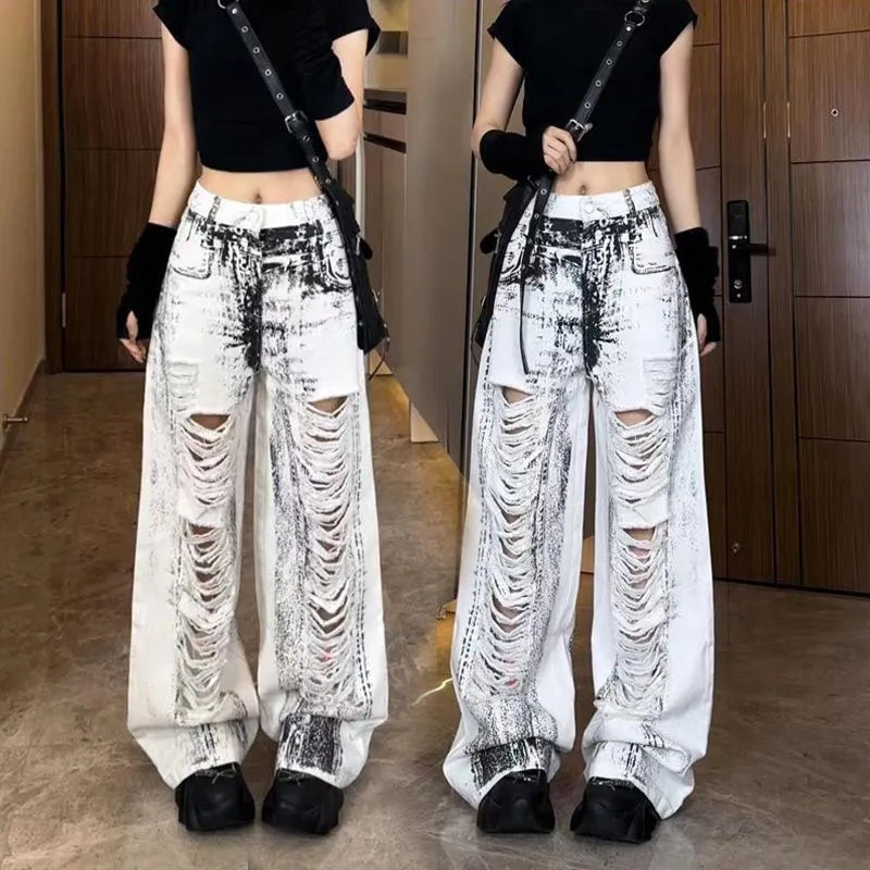 Y2K Vintage Grey Ripped High Waist Wide Leg Jeans - Street Style America Feeling Denim Trousers