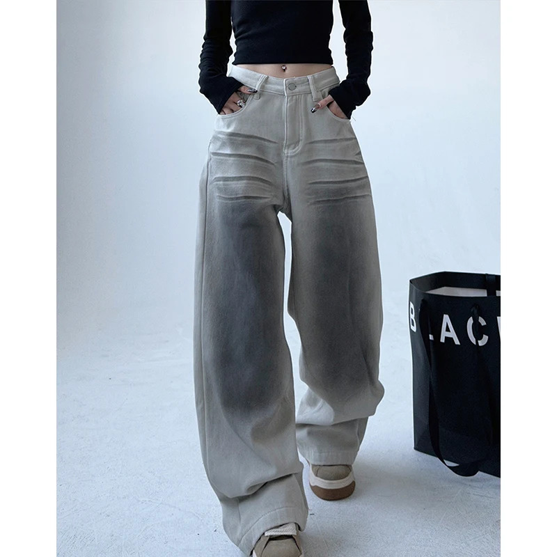 Y2K Vintage Grunge Streetwear High Waist Straight Jeans - Retro Casual Baggy Wide Leg Denim Trouser