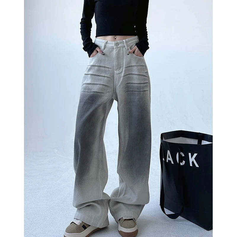 Y2K Vintage Grunge Streetwear High Waist Straight Jeans - Retro Casual Baggy Wide Leg Denim Trouser