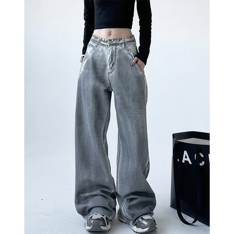 Y2K Vintage Grunge Streetwear High Waist Straight Jeans - Retro Casual Baggy Wide Leg Denim Trouser