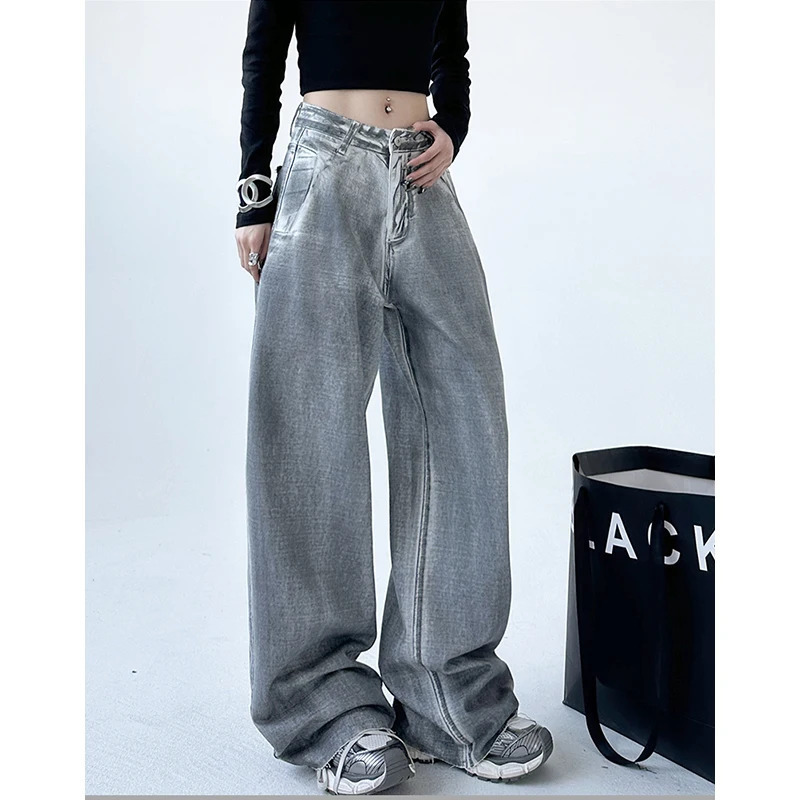 Y2K Vintage Grunge Streetwear High Waist Straight Jeans - Retro Casual Baggy Wide Leg Denim Trouser