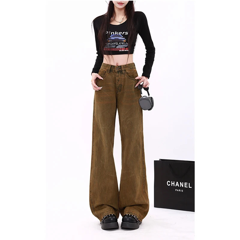 Y2K Vintage Harajuku Brown Wide Leg Denim Pants - Women's Casual Loose Fit Jeans