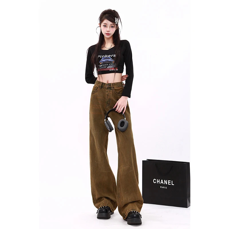 Y2K Vintage Harajuku Brown Wide Leg Denim Pants - Women's Casual Loose Fit Jeans