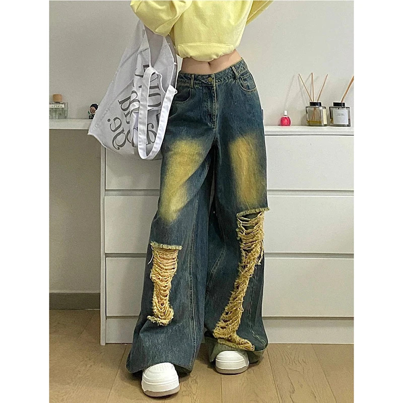 Y2K Vintage Harajuku Hollow Out Blue Jeans - Retro Wide Leg High Waist Denim Trouser