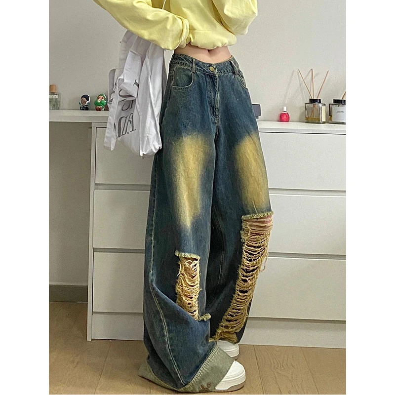 Y2K Vintage Harajuku Hollow Out Blue Jeans - Retro Wide Leg High Waist Denim Trouser