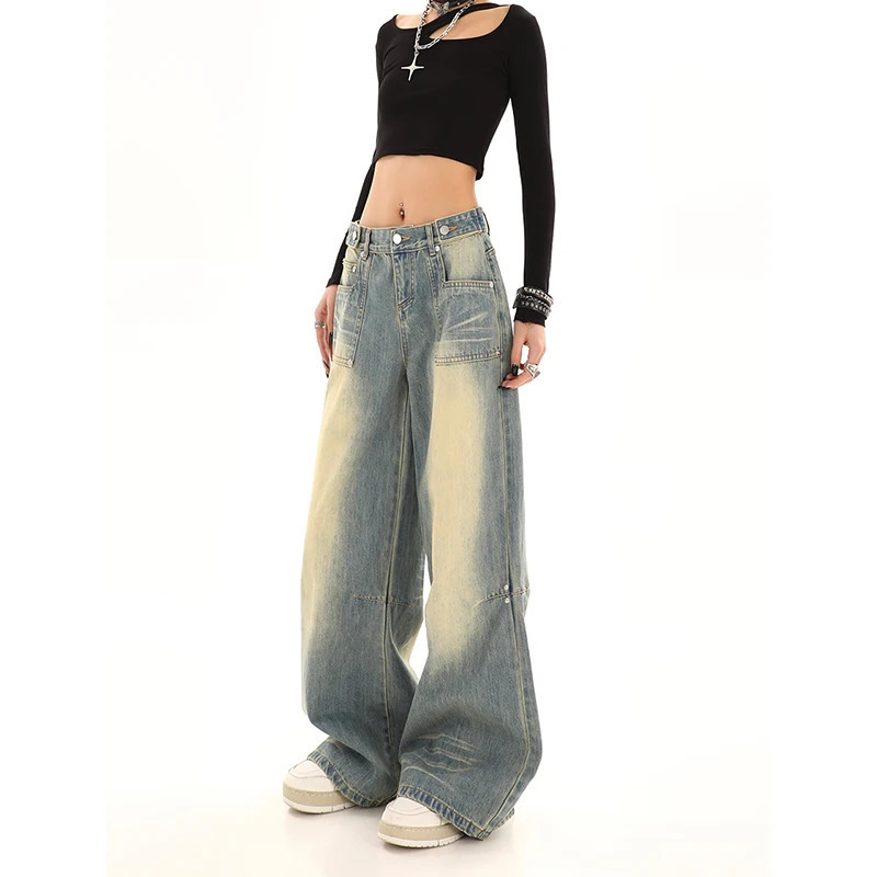 Y2K Vintage High Waist Baby Blue Jeans for Women - American Wide Leg Pants