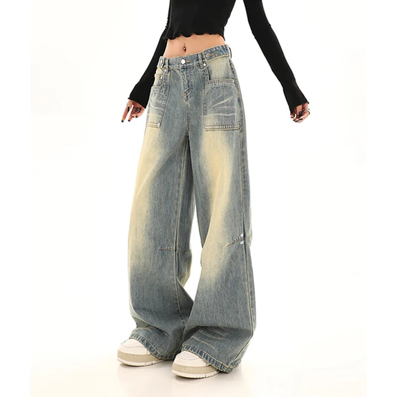 Y2K Vintage High Waist Baby Blue Jeans for Women - American Wide Leg Pants