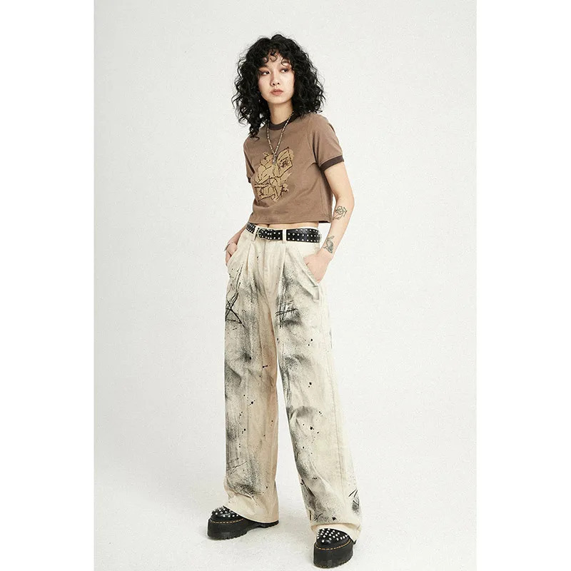 Y2K Vintage High Waist Baggy Jeans in Grey with Apricot Accents - Harajuku Denim Trousers