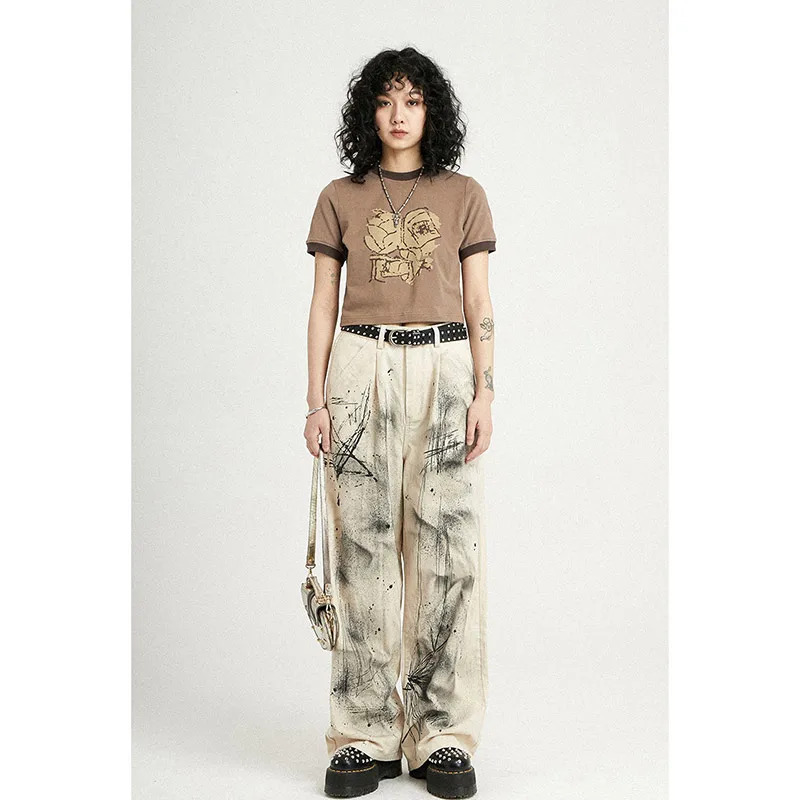 Y2K Vintage High Waist Baggy Jeans in Grey with Apricot Accents - Harajuku Denim Trousers