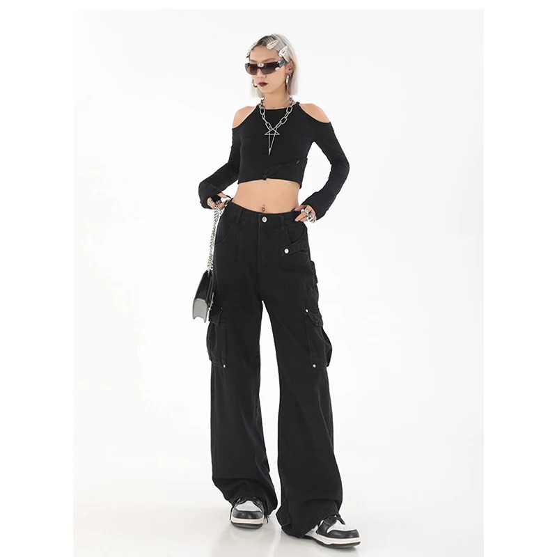 Y2K Vintage High Waist Black Cargo Jeans - Streetwear Style Women's Wide Leg Baggy Pants