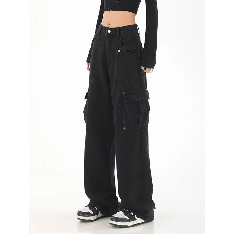 Y2K Vintage High Waist Black Cargo Jeans - Streetwear Style Women's Wide Leg Baggy Pants