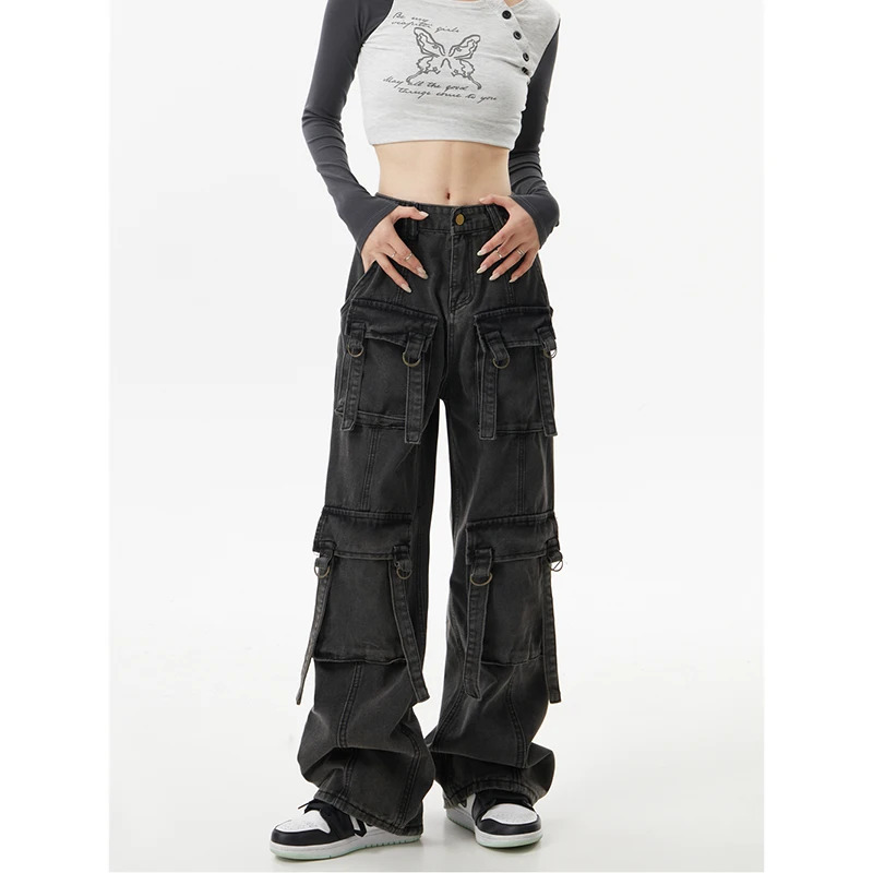 Y2K Vintage High Waist Black Denim Jeans - Casual Street Style Wide Leg Trouser