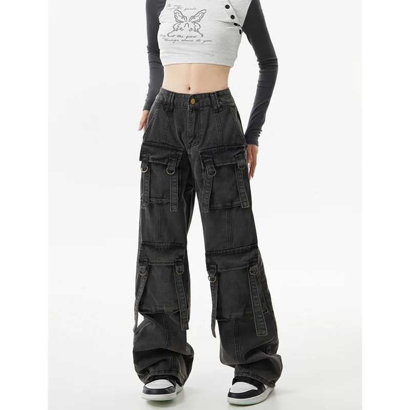 Y2K Vintage High Waist Black Denim Jeans - Casual Street Style Wide Leg Trouser