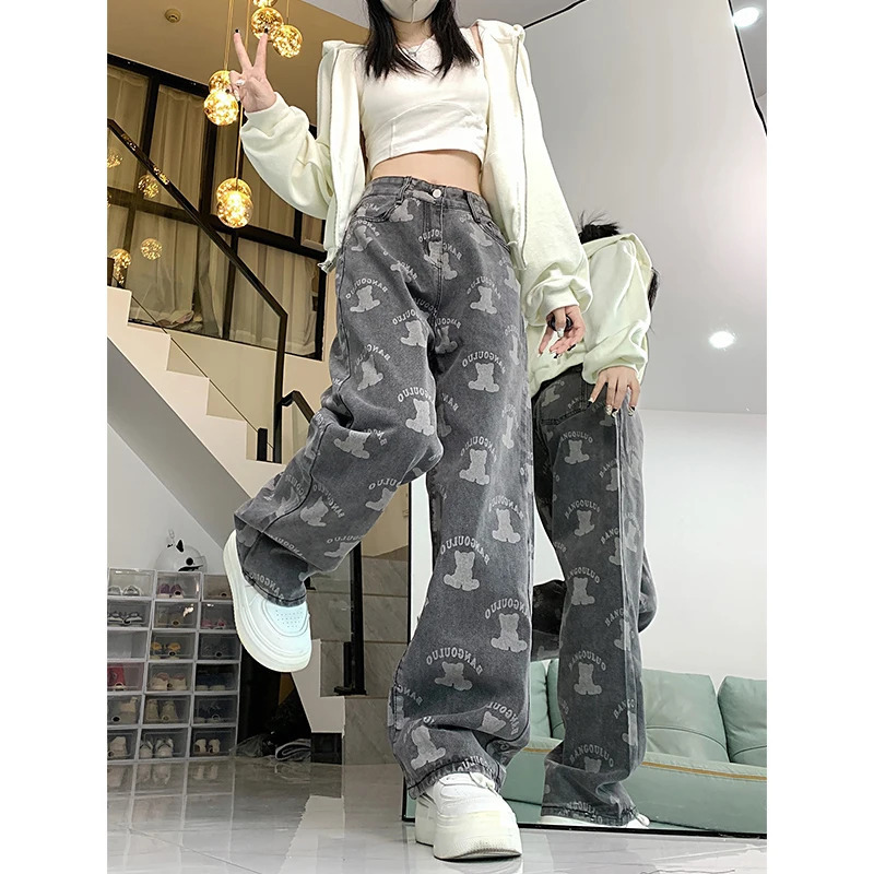 Y2K Vintage High Waist Black Denim Jeans - Streetwear Hip Hop Graffiti Print Straight Baggy Trouser