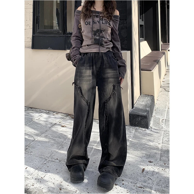 Y2K Vintage High Waist Black Jeans - American Streetwear Fashion - Wide Leg Straight Denim Pants