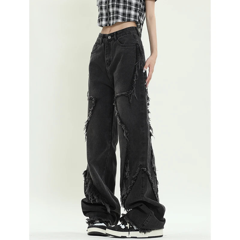 Y2K Vintage High Waist Black Jeans - American Streetwear Fashion - Wide Leg Straight Denim Pants