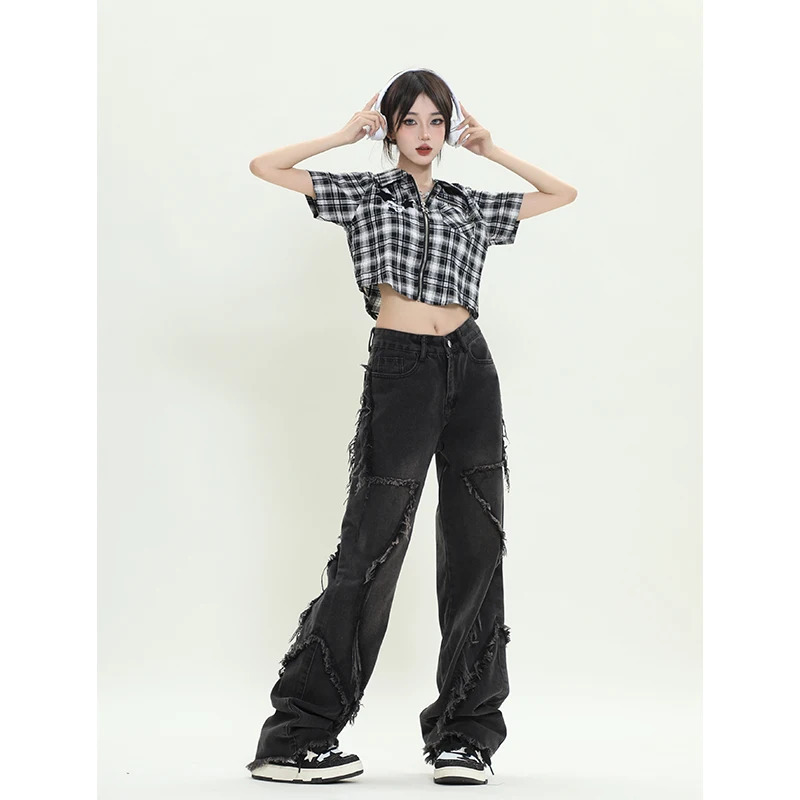 Y2K Vintage High Waist Black Jeans - American Streetwear Fashion - Wide Leg Straight Denim Pants