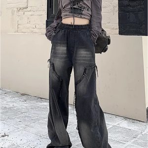 Y2K Vintage High Waist Black Jeans - American Streetwear Fashion - Wide Leg Straight Denim Pants