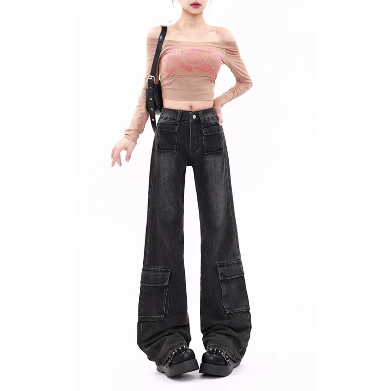 Y2K Vintage High Waist Black Jeans - American Streetwear Fashion for Women