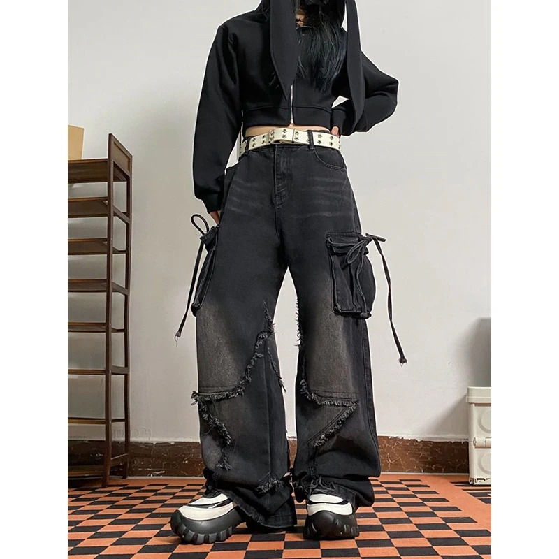 Y2K Vintage High Waist Black Jeans - American Streetwear Wide Leg Denim Pants