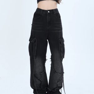 Y2K Vintage High Waist Black Jeans - American Streetwear Wide Leg Denim Pants