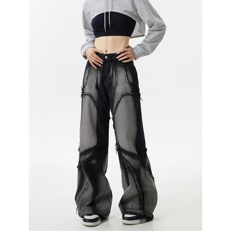 Y2K Vintage High Waist Black Jeans - Women's Casual Baggy Wide Leg Denim Trouser