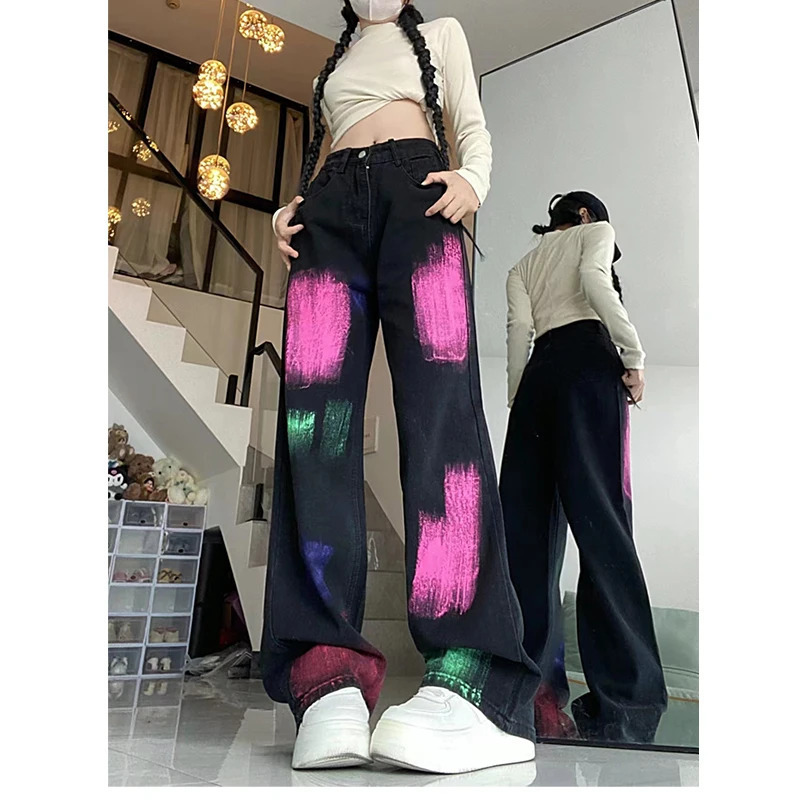 Y2K Vintage High Waist Black Women Jeans - Chic American Fashion Streetwear Wide Leg Denim Pants