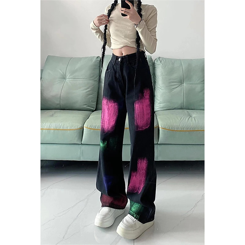 Y2K Vintage High Waist Black Women Jeans - Chic American Fashion Streetwear Wide Leg Denim Pants