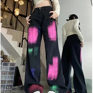 Y2K Vintage High Waist Black Women Jeans - Chic American Fashion Streetwear Wide Leg Denim Pants