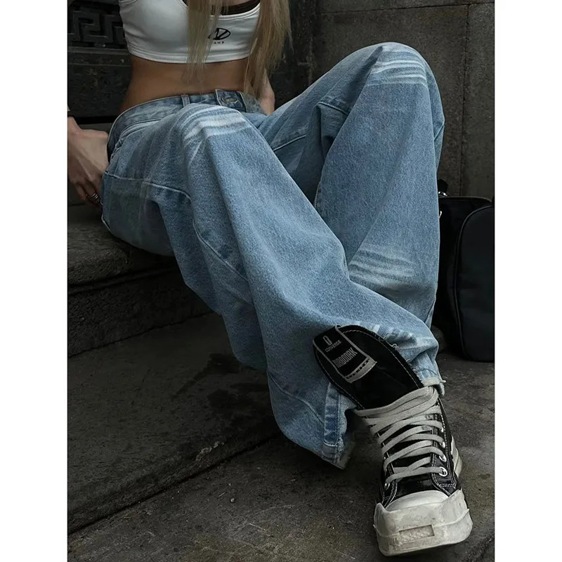 Y2K Vintage High Waist Blue Denim Jeans - Street Style Wide Leg Pants