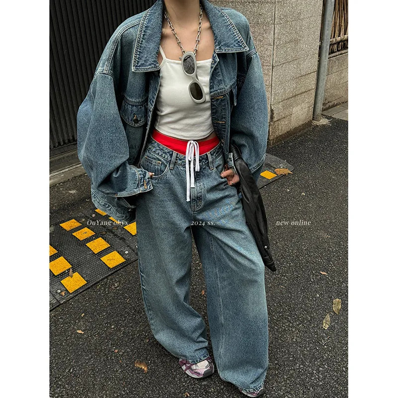 Y2K Vintage High Waist Blue Denim Jeans - Street Style Wide Leg Pants