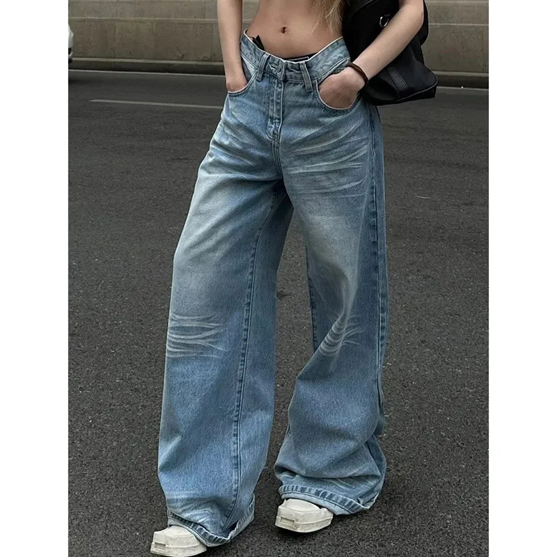 Y2K Vintage High Waist Blue Denim Jeans - Street Style Wide Leg Pants